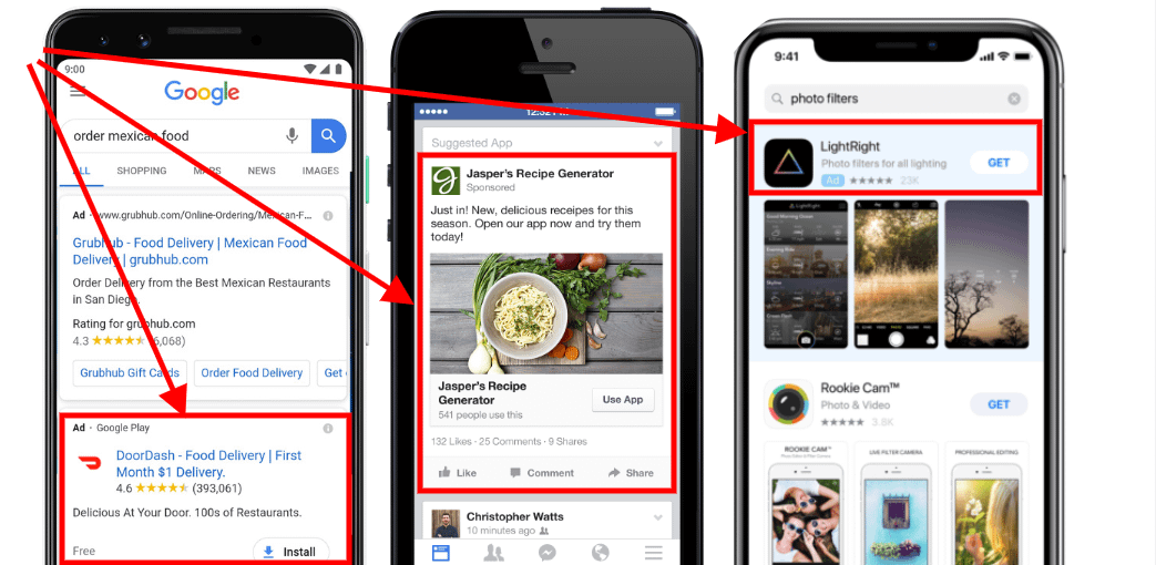 anúncios de instalação de aplicativos de marketing de aplicativos para dispositivos móveis no google, facebook e apple app store